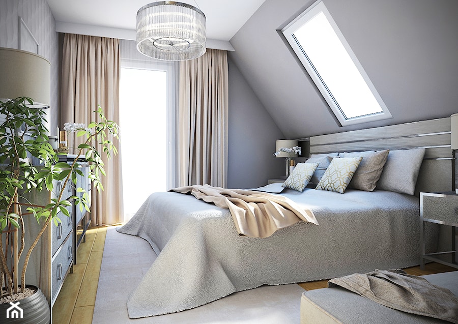 Dom w Leśnej - Średnia szara sypialnia na poddaszu z balkonem / tarasem, styl nowoczesny - zdjęcie od Beata Szczudrawa projektowanie wnętrz