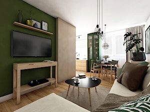 Mieszkanie w bloku - Średni biały zielony salon z kuchnią z jadalnią z barkiem, styl nowoczesny - zdjęcie od Beata Szczudrawa projektowanie wnętrz