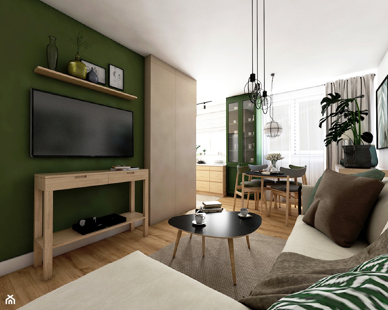 Mieszkanie w bloku - Średni biały zielony salon z kuchnią z jadalnią z barkiem, styl nowoczesny - zdjęcie od Beata Szczudrawa projektowanie wnętrz - Homebook