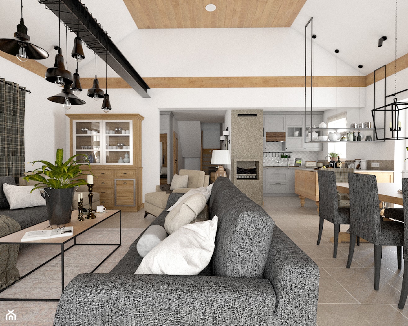 Kamienny Dom - Duży biały salon z kuchnią z jadalnią z barkiem, styl tradycyjny - zdjęcie od Beata Szczudrawa projektowanie wnętrz - Homebook