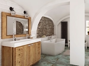 Rustykalny dom pod Zittau - Duża jako pokój kąpielowy z dwoma umywalkami z marmurową podłogą łazienka z oknem, styl rustykalny - zdjęcie od Beata Szczudrawa projektowanie wnętrz