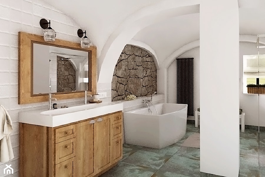 Rustykalny dom pod Zittau - Duża jako pokój kąpielowy z dwoma umywalkami z marmurową podłogą łazienka z oknem, styl rustykalny - zdjęcie od Beata Szczudrawa projektowanie wnętrz