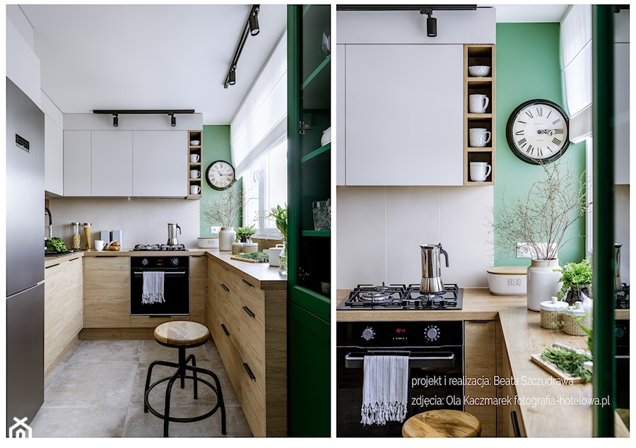 Mieszkanie w bloku dla kobiety - Mała zamknięta biała zielona z zabudowaną lodówką z lodówką wolnostojącą z nablatowym zlewozmywakiem kuchnia w kształcie litery u z oknem, styl nowoczesny - zdjęcie od Beata Szczudrawa projektowanie wnętrz
