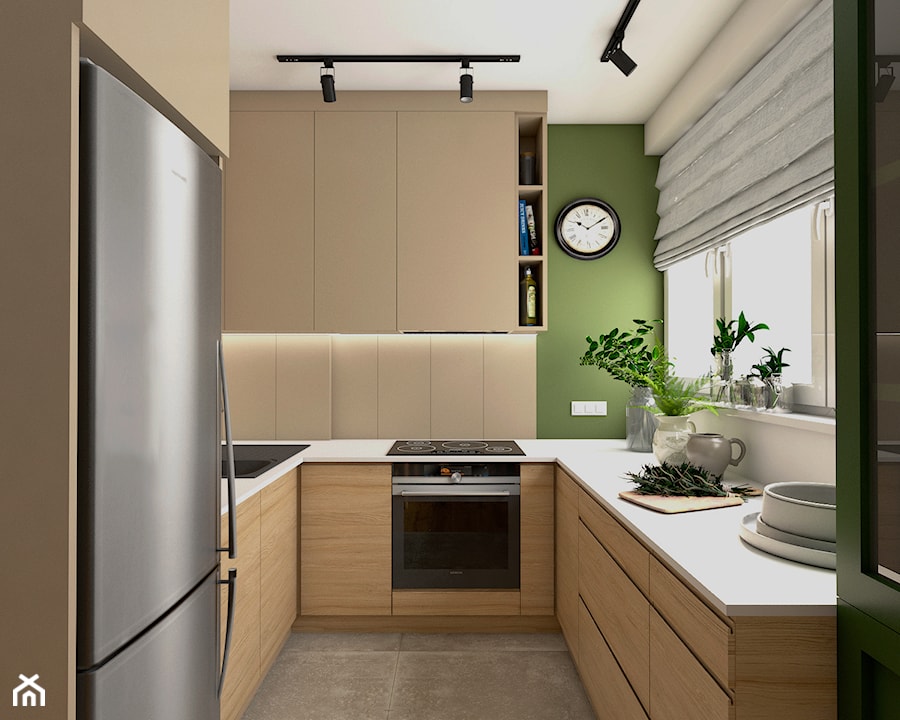 Mieszkanie w bloku - Średnia otwarta beżowa biała zielona z zabudowaną lodówką z nablatowym zlewozmywakiem kuchnia w kształcie litery u z oknem, styl nowoczesny - zdjęcie od Beata Szczudrawa projektowanie wnętrz