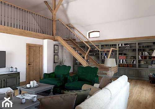 Rustykalny dom - Duży biały salon z antresolą z bibiloteczką, styl rustykalny - zdjęcie od Beata Szczudrawa projektowanie wnętrz
