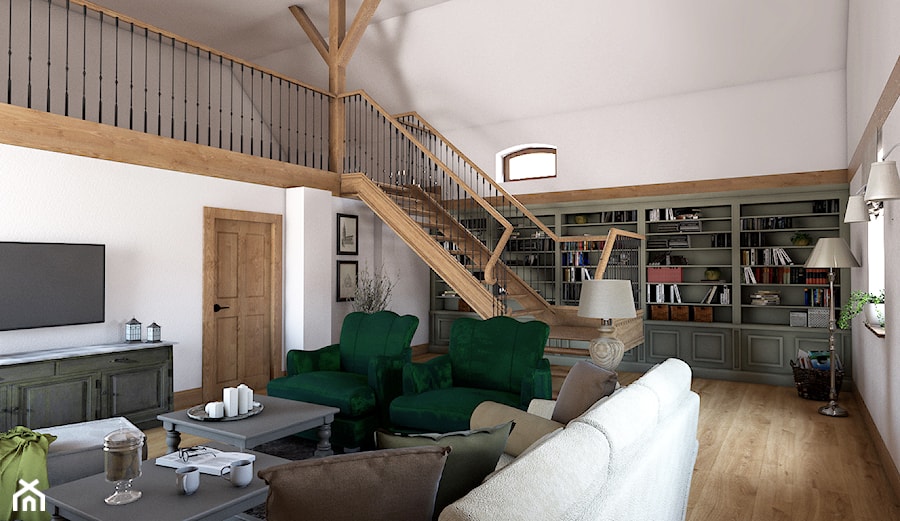 Rustykalny dom - Duży biały salon z antresolą z bibiloteczką, styl rustykalny - zdjęcie od Beata Szczudrawa projektowanie wnętrz