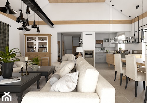 Kamienny Dom - Duży biały salon z kuchnią z jadalnią z tarasem / balkonem z barkiem, styl tradycyjny - zdjęcie od Beata Szczudrawa projektowanie wnętrz