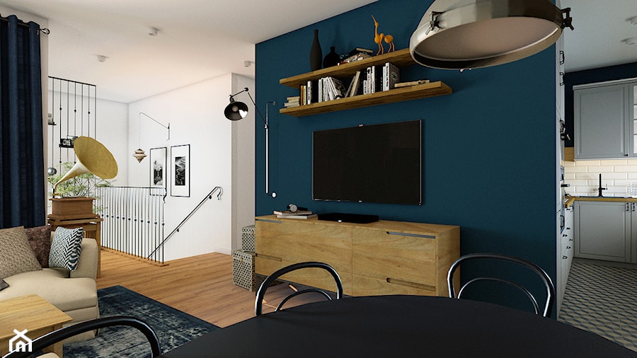 Mieszkanie w zabudowie bliźniaczej - Wrocław - Średni niebieski salon z kuchnią z jadalnią - zdjęcie od Beata Szczudrawa projektowanie wnętrz