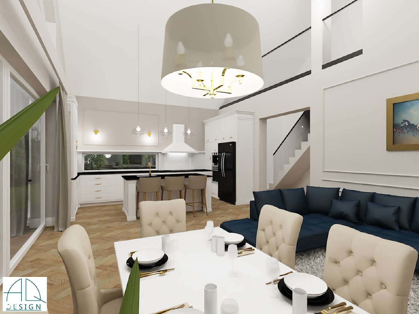 salon z kuchnią w stylu New Hamptons - zdjęcie od AQ Design - Homebook
