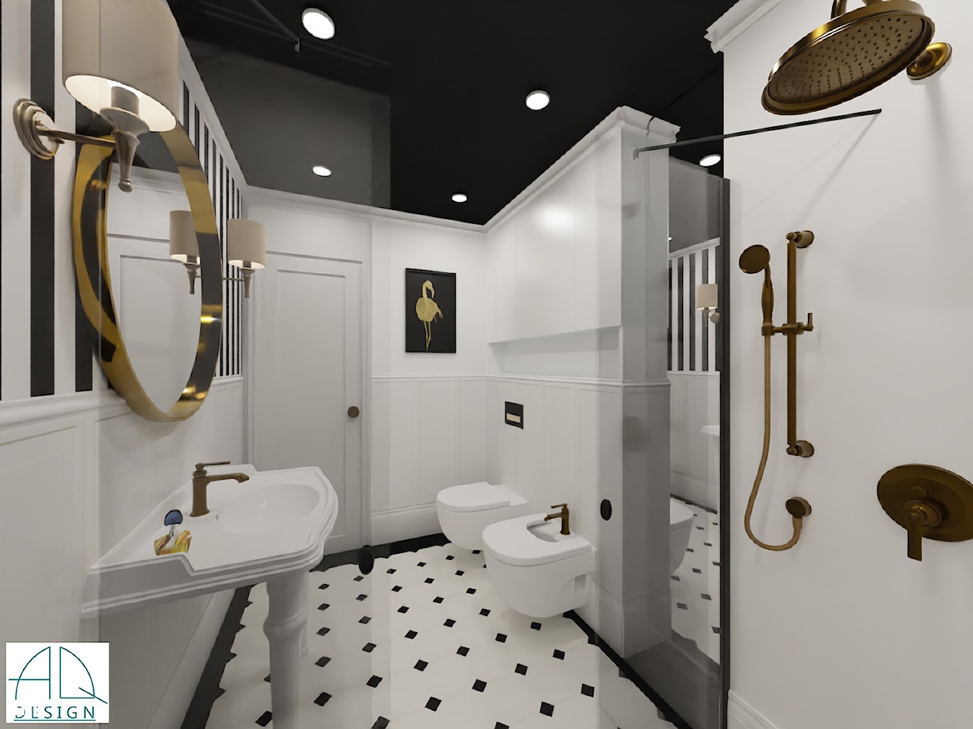 łazienka czarno-biała 1 - Średnia z lustrem z punktowym oświetleniem łazienka, styl glamour - zdjęcie od AQ Design - Homebook