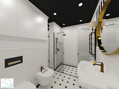 Aranżacje wnętrz - Łazienka: łazienka czarno-biała 1 - Łazienka, styl glamour - AQ Design. Przeglądaj, dodawaj i zapisuj najlepsze zdjęcia, pomysły i inspiracje designerskie. W bazie mamy już prawie milion fotografii!