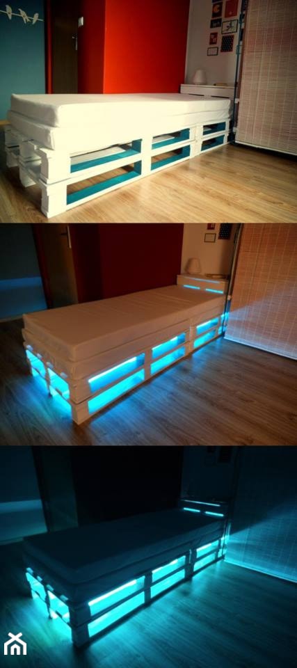 Łóżko jednoosobowe - dwie warstwy palet, dwa materace, z tyłu skrzynia na pościel/szafka nocna, podś ... - zdjęcie od nekosan - Homebook