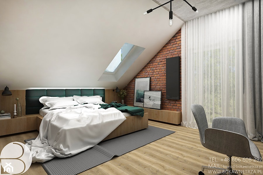 Sypialnia na poddaszu z cegłą - zdjęcie od BOKA Pracownia Wnętrz