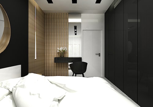 Apartament Plac na stawach - Średnia beżowa biała czarna sypialnia, styl nowoczesny - zdjęcie od BOKA Pracownia Wnętrz
