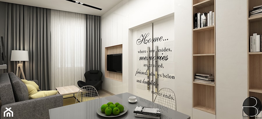 Mieszkanie Plac Bohaterów Getta - Mały biały salon z jadalnią, styl nowoczesny - zdjęcie od BOKA Pracownia Wnętrz