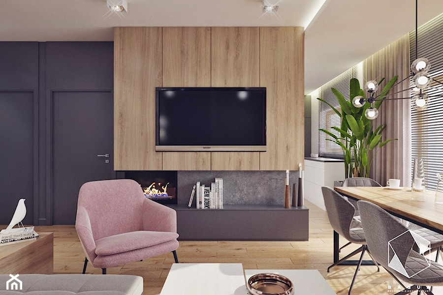 M11 - mieszkanie w Opolu - Średni czarny szary salon z kuchnią z jadalnią z bibiloteczką, styl nowoczesny - zdjęcie od BAGUA Pracownia Architektury Wnętrz
