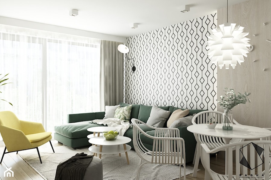 Projekt mieszkania 5 - Mały biały salon z jadalnią, styl nowoczesny - zdjęcie od BAGUA Pracownia Architektury Wnętrz