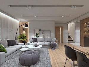 (Zawiercie) Projekt domu jednorodzinnego 12 - Duży biały brązowy salon z jadalnią, styl nowoczesny - zdjęcie od BAGUA Pracownia Architektury Wnętrz