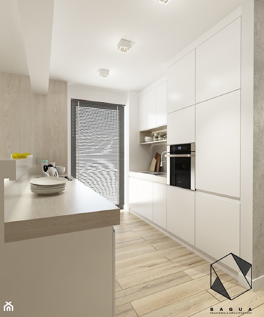 Projekt mieszkania 5 - Średnia otwarta biała z zabudowaną lodówką z podblatowym zlewozmywakiem kuchnia dwurzędowa z oknem, styl nowoczesny - zdjęcie od BAGUA Pracownia Architektury Wnętrz