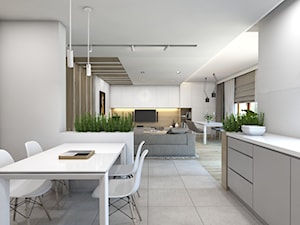 (Dom w okolicy Lublińca) Dom jednorodzinny 7 - Średnia beżowa biała jadalnia w kuchni, styl nowoczesny - zdjęcie od BAGUA Pracownia Architektury Wnętrz