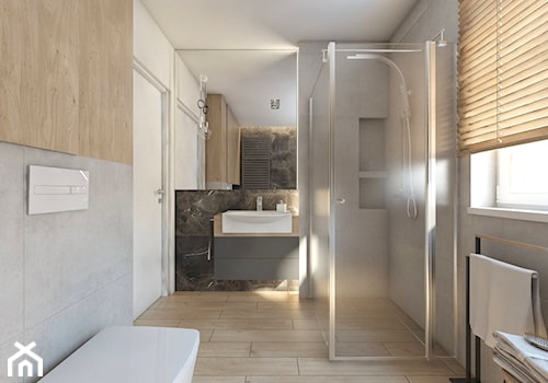 (Tarnowskie Góry) Projekt domu jednorodzinnego 10 - Średnia z lustrem z punktowym oświetleniem łazienka z oknem, styl nowoczesny - zdjęcie od BAGUA Pracownia Architektury Wnętrz
