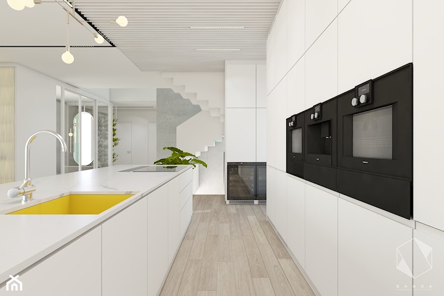 Rzeszów - D23 - Projekt domu jednorodzinnego 600 m2 - Duża otwarta biała z zabudowaną lodówką z podblatowym zlewozmywakiem kuchnia dwurzędowa z oknem, styl nowoczesny - zdjęcie od BAGUA Pracownia Architektury Wnętrz