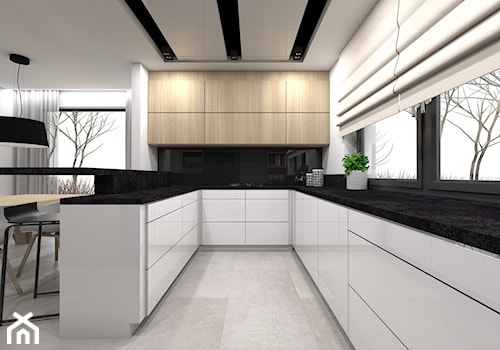Projekt domu jednorodzinnego 3 - Duża zamknięta szara z zabudowaną lodówką kuchnia w kształcie litery u z oknem, styl nowoczesny - zdjęcie od BAGUA Pracownia Architektury Wnętrz