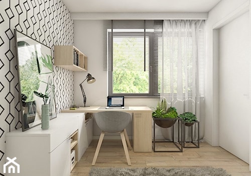 Projekt mieszkania 5 - Średnie z zabudowanym biurkiem białe biuro, styl nowoczesny - zdjęcie od BAGUA Pracownia Architektury Wnętrz