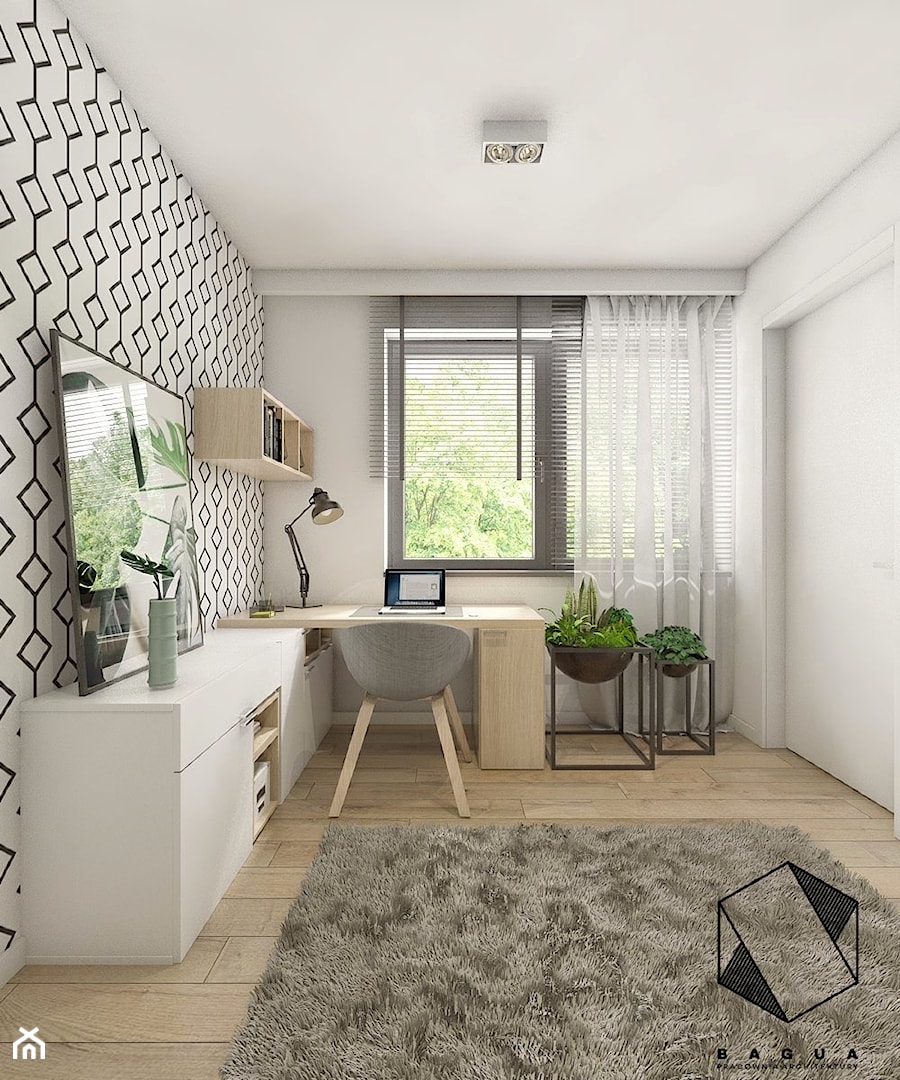 Projekt mieszkania 5 - Średnie z zabudowanym biurkiem białe biuro, styl nowoczesny - zdjęcie od BAGUA Pracownia Architektury Wnętrz