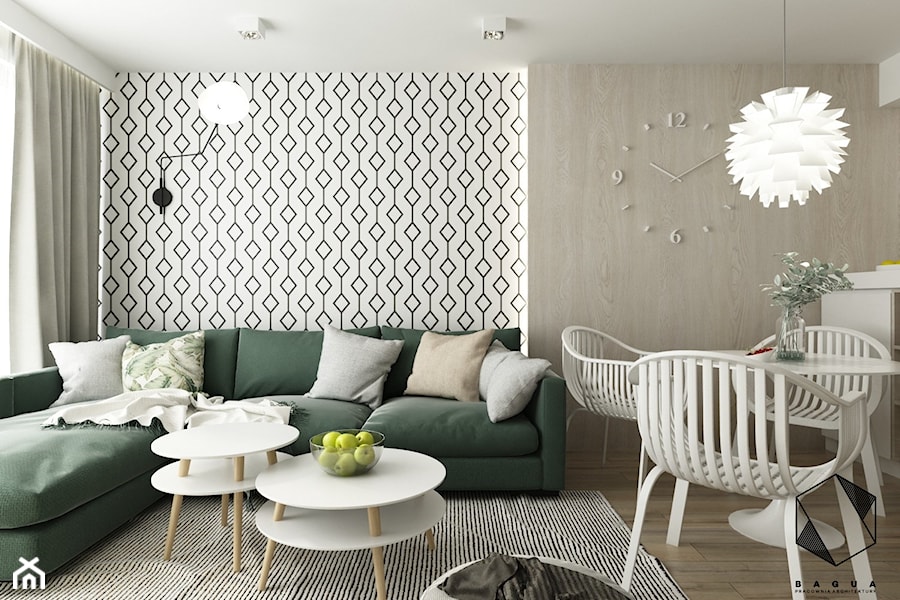 Projekt mieszkania 5 - Średni biały szary salon z jadalnią, styl nowoczesny - zdjęcie od BAGUA Pracownia Architektury Wnętrz