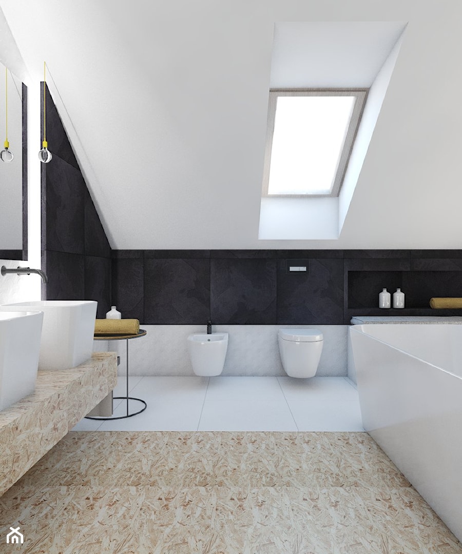 Projekt domu jednorodzinnego 6 - Duża na poddaszu z dwoma umywalkami łazienka z oknem, styl nowoczesny - zdjęcie od BAGUA Pracownia Architektury Wnętrz