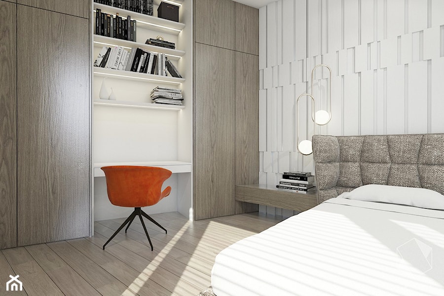 Rzeszów - D23 - Projekt domu jednorodzinnego 600 m2 - Średnia biała szara z biurkiem sypialnia, styl nowoczesny - zdjęcie od BAGUA Pracownia Architektury Wnętrz