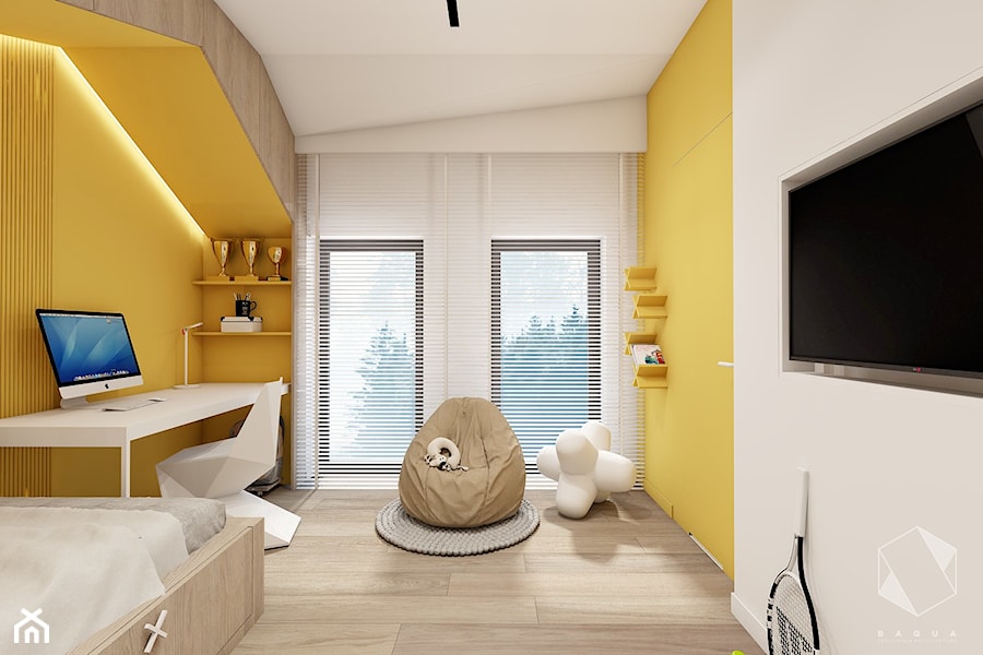 Rzeszów - D23 - Projekt domu jednorodzinnego 600 m2 - Średni biały żółty pokój dziecka dla nastolatka dla chłopca dla dziewczynki, styl nowoczesny - zdjęcie od BAGUA Pracownia Architektury Wnętrz
