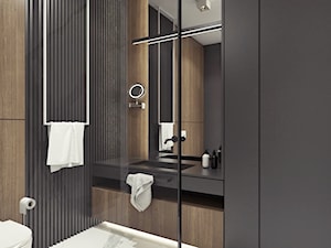 M12 - mieszkanie w Dąbrowie Górniczej - Średnia bez okna z lustrem z marmurową podłogą z punktowym oświetleniem łazienka, styl nowoczesny - zdjęcie od BAGUA Pracownia Architektury Wnętrz