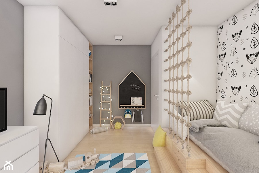 (Siemianowice Śląskie) Dom jednorodzinny 17 - Średni biały szary pokój dziecka dla dziecka dla chłopca dla dziewczynki, styl skandynawski - zdjęcie od BAGUA Pracownia Architektury Wnętrz