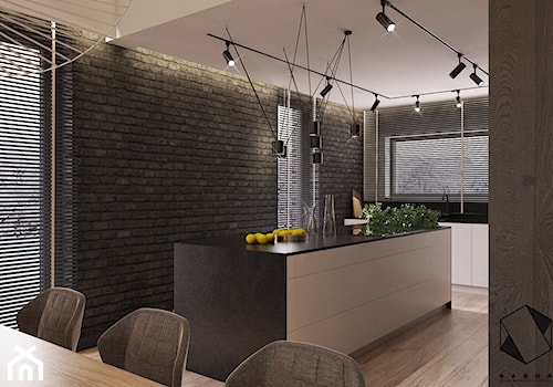 Projekt domu jednorodzinnego D18 - Gliwice - Średnia otwarta z salonem z kamiennym blatem czarna z zabudowaną lodówką kuchnia jednorzędowa z wyspą lub półwyspem z oknem, styl nowoczesny - zdjęcie od BAGUA Pracownia Architektury Wnętrz