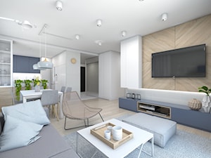 (Pruszków) Projekt mieszkania 3 - Średni biały salon z kuchnią z jadalnią, styl nowoczesny - zdjęcie od BAGUA Pracownia Architektury Wnętrz