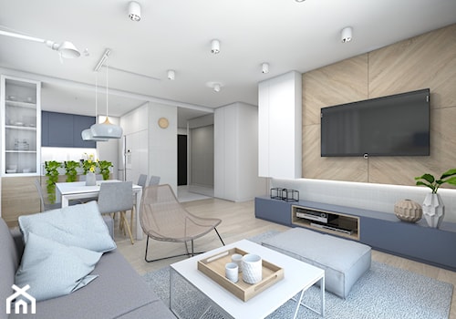 (Pruszków) Projekt mieszkania 3 - Średni biały salon z kuchnią z jadalnią, styl nowoczesny - zdjęcie od BAGUA Pracownia Architektury Wnętrz
