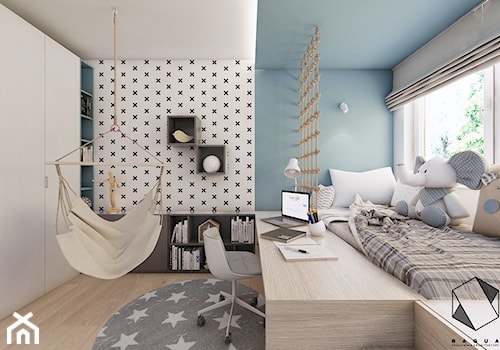 (Siemianowice Śląskie) Dom jednorodzinny 17 - Mały biały czarny niebieski pokój dziecka dla nastolatka dla chłopca dla dziewczynki, styl nowoczesny - zdjęcie od BAGUA Pracownia Architektury Wnętrz