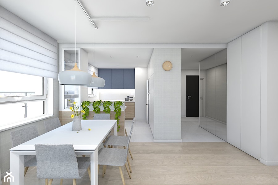 (Pruszków) Projekt mieszkania 3 - Średnia biała jadalnia w salonie, styl nowoczesny - zdjęcie od BAGUA Pracownia Architektury Wnętrz