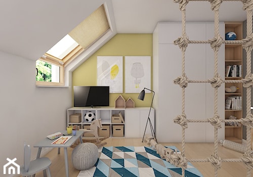 (Siemianowice Śląskie) Dom jednorodzinny 17 - Średni szary żółty pokój dziecka dla dziecka dla chłopca dla dziewczynki, styl nowoczesny - zdjęcie od BAGUA Pracownia Architektury Wnętrz