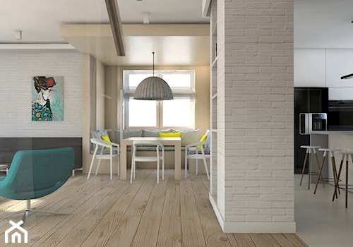 Projekt domu jednorodzinnego 6 - Średni beżowy biały salon z kuchnią z jadalnią, styl skandynawski - zdjęcie od BAGUA Pracownia Architektury Wnętrz