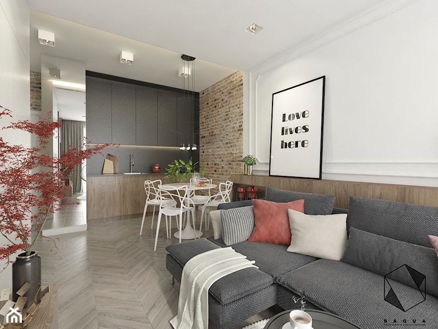 Mieszkanie 8 - Mały biały salon z kuchnią z jadalnią, styl nowoczesny - zdjęcie od BAGUA Pracownia Architektury Wnętrz