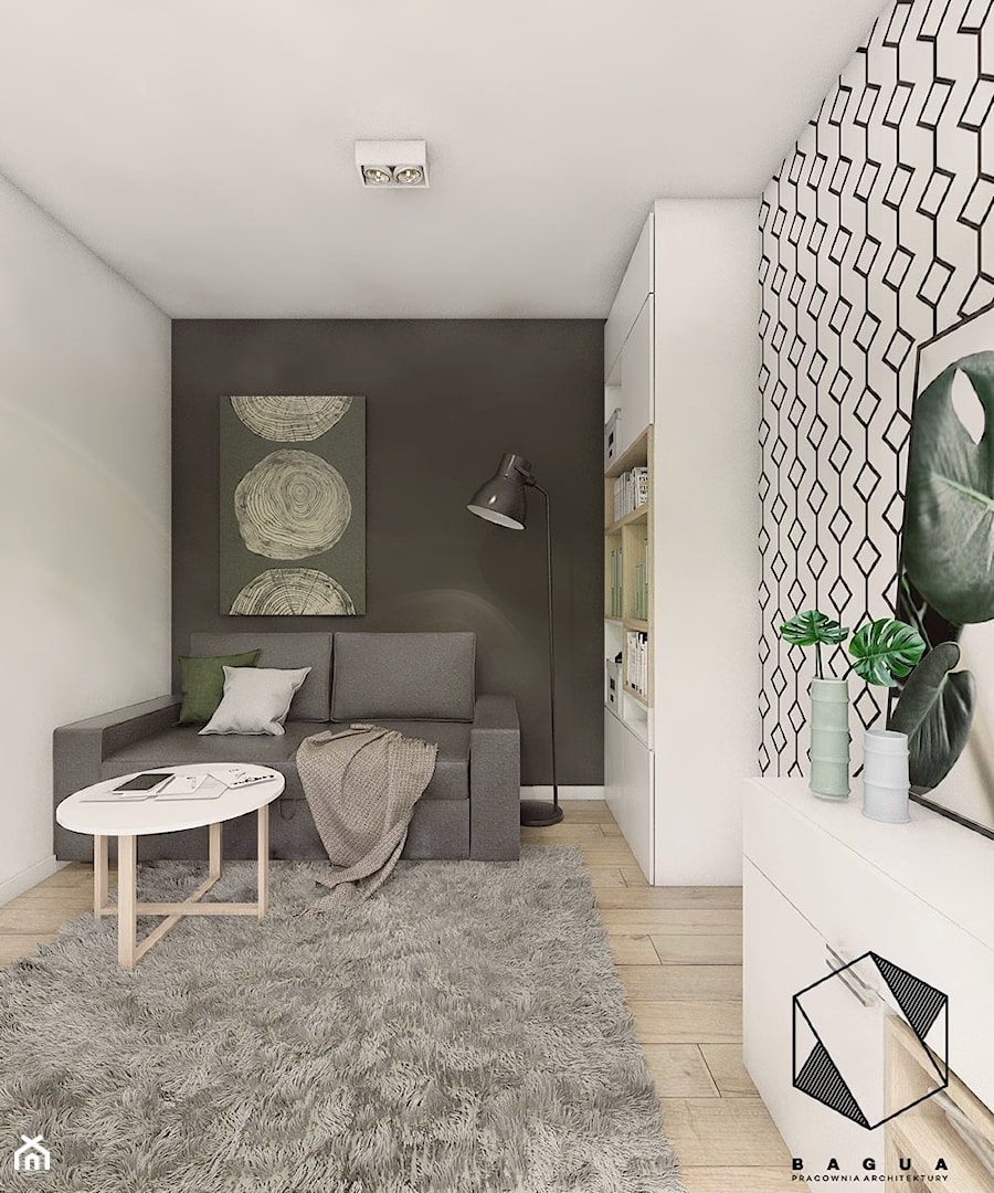 Projekt mieszkania 5 - Małe w osobnym pomieszczeniu z sofą białe czarne biuro, styl nowoczesny - zdjęcie od BAGUA Pracownia Architektury Wnętrz