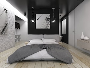 Projekt domu jednorodzinnego 5 - Średnia biała sypialnia z garderobą z łazienką, styl nowoczesny - zdjęcie od BAGUA Pracownia Architektury Wnętrz