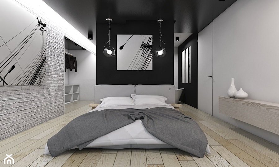 Projekt domu jednorodzinnego 5 - Średnia biała sypialnia z garderobą z łazienką, styl nowoczesny - zdjęcie od BAGUA Pracownia Architektury Wnętrz