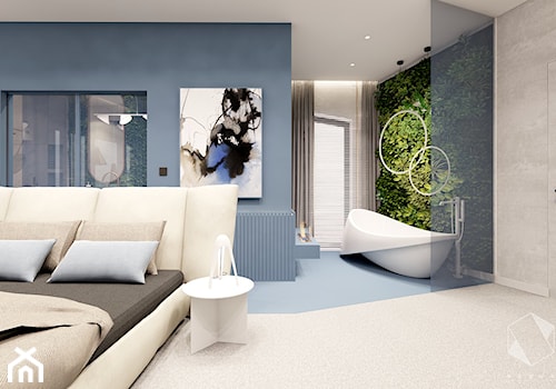 Rzeszów - D23 - Projekt domu jednorodzinnego 600 m2 - Duża niebieska szara sypialnia z łazienką, styl nowoczesny - zdjęcie od BAGUA Pracownia Architektury Wnętrz