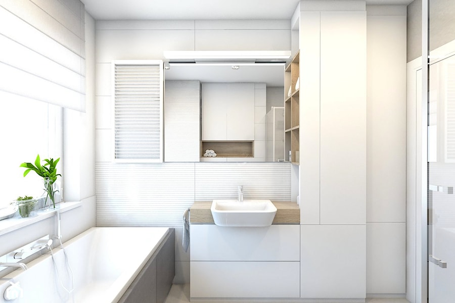 (Pruszków) Projekt mieszkania 3 - Mała z lustrem z punktowym oświetleniem łazienka z oknem, styl nowoczesny - zdjęcie od BAGUA Pracownia Architektury Wnętrz