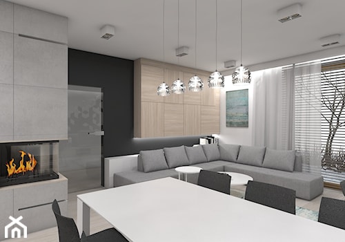 (Tarnowskie Góry) Projekt domu jednorodzinnego 1 - Średni biały czarny szary salon z jadalnią, styl nowoczesny - zdjęcie od BAGUA Pracownia Architektury Wnętrz