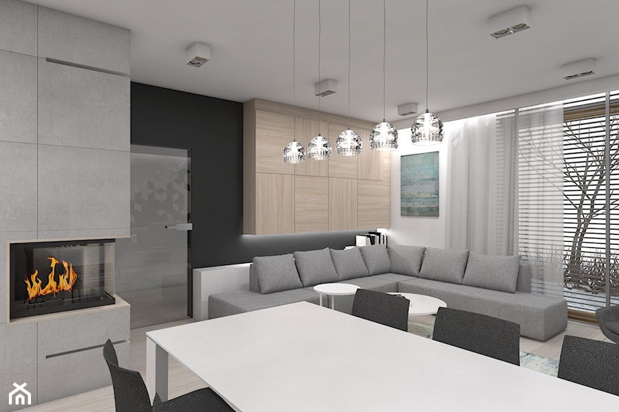 (Tarnowskie Góry) Projekt domu jednorodzinnego 1 - Średni biały czarny szary salon z jadalnią, styl nowoczesny - zdjęcie od BAGUA Pracownia Architektury Wnętrz